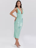 Diynav Women's Sexy Deep V-Snee Dress Temperament Body-Body-Bstupling Open Fork Dress Mid-Long