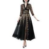 Diynav V-Neck Heavy Industry Embroidery Mesh Perspective Big Swing Dress Black Dress Women Spring And Summer 2024