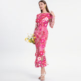 Diynav Spring And Summer New French Heavy Industry Mesh Three-Dimensional Flower Embroidery Perspective Spliced Waist Repair Dress Dress