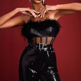 Diynav Black Squins Party Feather-Smeared Boobs Mesh Spliced Sexy Body-Repair Belt