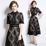 Diynav High-End Lace Splicing Round Collar Dress Women's New Summer Waist Thin Temperament Big Swing Dress Dress