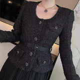 Diynav Wind Round Neck Heavy Industry Nails Button Pressure Folded Black Coarse Flowers Dress Women's Spring And Autumn 2025