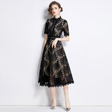 Diynav High-End Lace Splicing Round Collar Dress Women's New Summer Waist Thin Temperament Big Swing Dress Dress