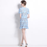 Diynav Niche Temperament Light Blue Collar Lace Dress Water Drill Single Buckle Waist Skirt Woman