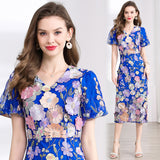Diynav Banquet Famous Wind V-Neck Bubble Sleeves Body-Brace Hip Three-Dimensional Flower Lace Dress