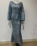 Diynav New Fashion V-Necked Hips Brighten Dress Mid-Waisted Horn Sleeve Long Evening Dress