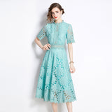 Diynav High-End Lace Splicing Round Collar Dress Women's New Summer Waist Thin Temperament Big Swing Dress Dress