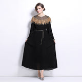 Diynav Women's Clothing 2024 New Heavy Industry Nail Polish Shiny Dress Temperament Lantern Sleeve Pressure Laminated Long Dress