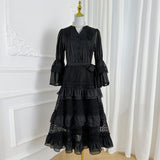 Diynav Retro Court Hollow Lace Splicing Horn Sleeve Dress Female Waist Temperament Over Knee Cake Long Skirt