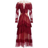 Diynav Round Collar Lotus Side Spliced Long Sleeve Elegant Lace Wine Red Dress Women's Autumn New 2025