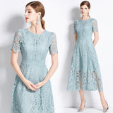 Diynav Dress New Short-Sleeved Lace Dress Women's Long-Singed Flower Hollow Purple High-Waist Aa Skirt Thin