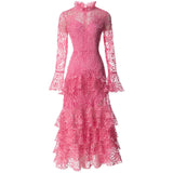 Diynav Style Collar Horn Long-Sleeved Water-So-Hook Flower Pink Dress Dress Summer And Autumn Women's New 2024