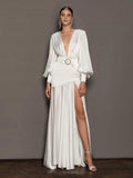 Diynav Dress Women 2025 New Autumn Sexy Open Fork Lantern Sleeves Thin Famous French-Style Fasting Long Skirt