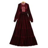 Diynav Hollow Embroidered Long-Sleeved Wine Red Velvet Princess Dress Dress Autumn And Winter Women's Dress New 2025