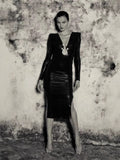 Diynav Temperament V-Neck Snake-Shaped Accessory Long-Sleeved PU Leather Ass Leather Dress Autumn And Winter New Dress