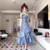 Diynav Dress New French Masquein Blue Hanging Dress Female Summer At-Aug Princess Birthday Dress
