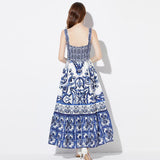 Diynav Blue And White Porcelain Beauty Sling Dress 2025 Summer Dress New Waist Pressure Folding Commuting Print Dress