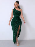 Diynav Selling New Women's Clothing 2025 Spring Fashion Squin Single-Sleeve-Less Open-Fork Dress Solid Color