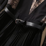 Diynav V-Neck Long-Sleeved Lace Splicing Black Irregular Swing Dress Spring And Summer Women's New 2024