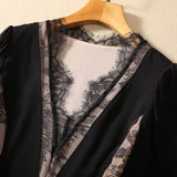 Diynav V-Neck Long-Sleeved Lace Splicing Black Irregular Swing Dress Spring And Summer Women's New 2024