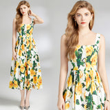 Diynav Dress 2024 Summer Vacation House Cotton Yellow Rose Print Big Swing Princess Fairy Mid-Long Dress