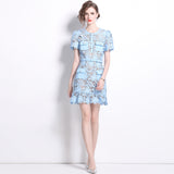 Diynav Niche Temperament Light Blue Collar Lace Dress Water Drill Single Buckle Waist Skirt Woman
