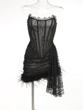 Diynav Women's Sexy Lace Perspective Spliced Feather Girded Boobs Elegant Temperament Dress Dress