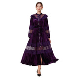 Diynav Dress Women's French Retro Fashion Collar Pearl Single Buckle Lace Splicing Velvet Swoon Long Dress