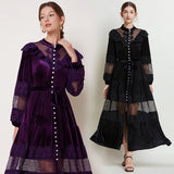 Diynav Dress Women's French Retro Fashion Collar Pearl Single Buckle Lace Splicing Velvet Swoon Long Dress