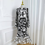 Diynav Spring And Summer New French Heavy Industry Mesh Three-Dimensional Flower Embroidery Perspective Spliced Waist Repair Dress Dress