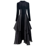 Diynav Stitching Tulle Sexy V Collar Long Sleeve Lotus Side Black Cake Dress Women's Spring 2025