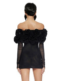 Diynav Women's New Flower Decoration Sexy Corset Dress Perspective Mesh Long-Sleeved Ass Skirt Dress