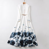 Diynav Long Sleeve Rendering Printed White Long Dress + Belt Women's New 2025