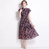 Diynav Knee Dress Women's Summer 2024 Temperament Lotus Leaf Sleeve Fashion Waist Thin Print V-Neck Dress