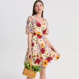 Diynav Summer New French Design Heavy Industry Three-Dimensional Flowers Slimming Thin And Hip Delicate Dress Women's Clothing