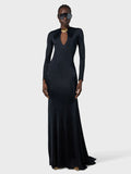 Diynav Women's Sexy V-Necked Long-Sleeved Banquet Evening Dress Dress Body-Dragging Skirt