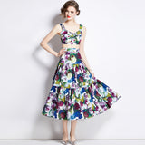 Diynav Summer New Women's Retro Sleeveless Short-Wrapped Breast Sling + Printed High-Rise Half-Dress Two Sets