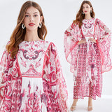 Diynav Court Style Collar Horn Long Sleeves Loose Blue And White Porcelain Print A-Word Skirt