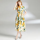 Diynav Print Dress 2025 Summer New Lapel Belt Repair Over Knee Skirt Yellow Dress