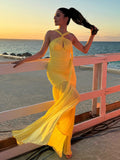 Diynav Solid Color Sexy Hanging Neck Mesh Splicing Dress High-End Temperament Open Dress Dress Dress