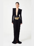 Diynav Black Long-Sleeved Hollow V-Neck Cross Dress Metal Fishtail Elegant Dress