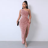 Diynav Selling New Women's Clothing 2025 Spring Fashion Squin Single-Sleeve-Less Open-Fork Dress Solid Color