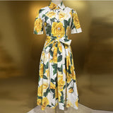 Diynav Rose Print Short Sleeve Single Buckle With Waist Cotton Dress Spring And Summer Women's New 2024