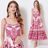 Diynav French Retro Sling Dress Long Dress Temperament High Waistless Sleeveless Porcelain Print A Large Swing Dress