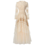 Diynav Industry Three-Dimensional Flower Hollow Long-Sleeved Lotus Side Princess Wind Apricot Dress New Women's Autumn And Winter 2024