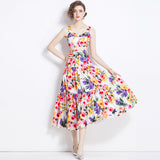 Diynav Summer New Women's Retro Sleeveless Short-Wrapped Breast Sling + Printed High-Rise Half-Dress Two Sets