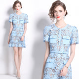 Diynav Niche Temperament Light Blue Collar Lace Dress Water Drill Single Buckle Waist Skirt Woman