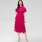 Diynav Collar Short-Sleeved Heavyweight Hook Flower Stacked Lotus Leaf Lace Blue Dress Women's New Spring And Summer 2025
