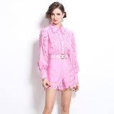 Diynav Famous Yangyang Age-Reduce Women Senior Feel Waist Lace With Lantern Lace Spliced Shirt + High-Waisted Shorts
