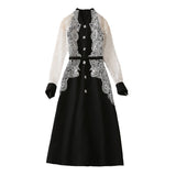 Diynav Feng Shui Soluble Flower Splicing Nails Button Long-Sleeved Black Dress Women's New Spring 2025